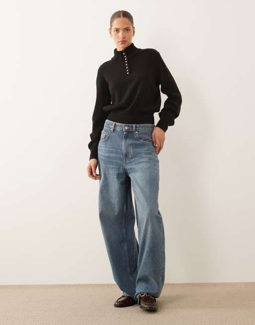 Mango button detail high neck jumper in black, 2 of 4