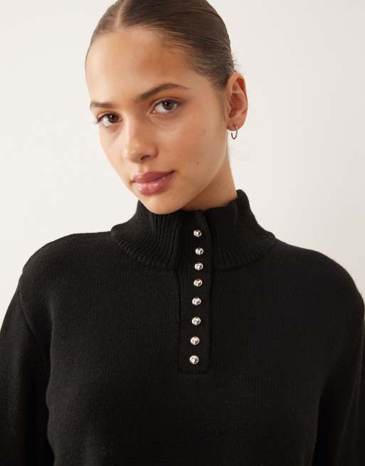 Mango button detail high neck jumper in black, 3 of 4