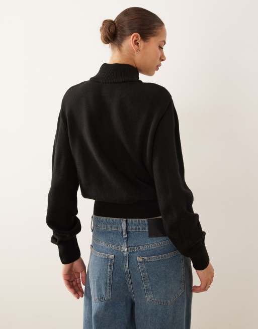 Mango button detail high neck jumper in black, 4 of 4