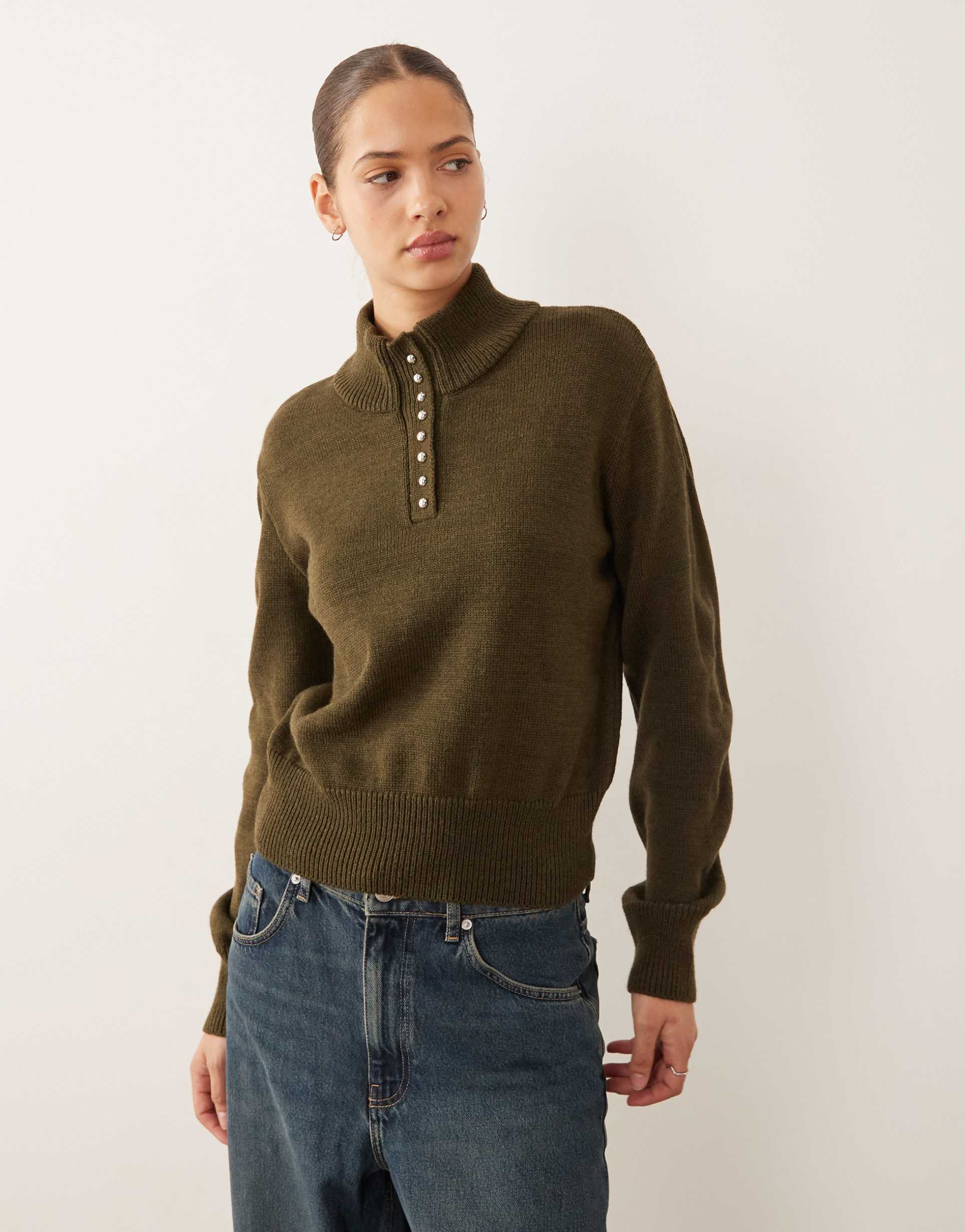 mango button detail high neck sweater in khaki green