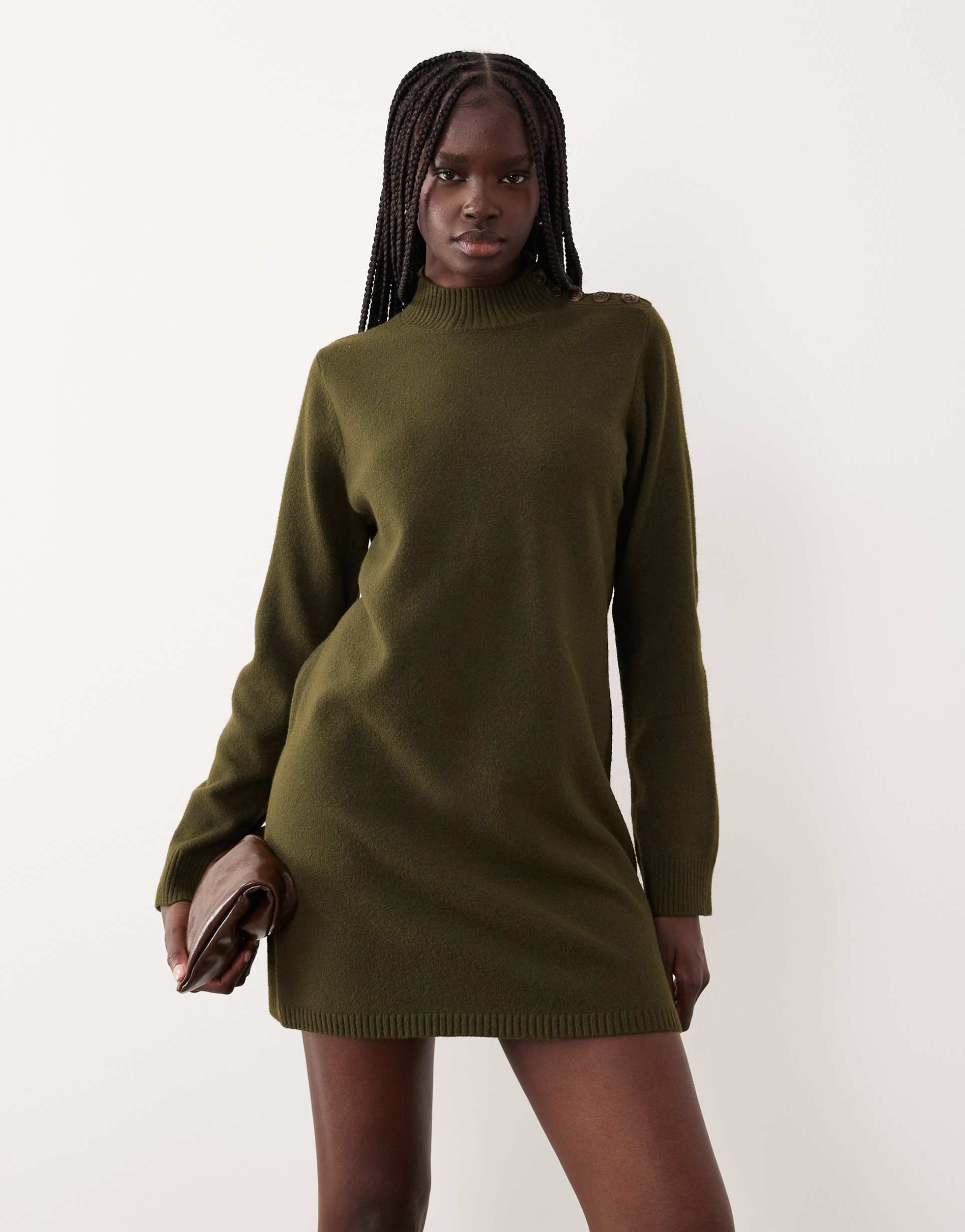 mango button detail long sleeve knit mini dress in khaki