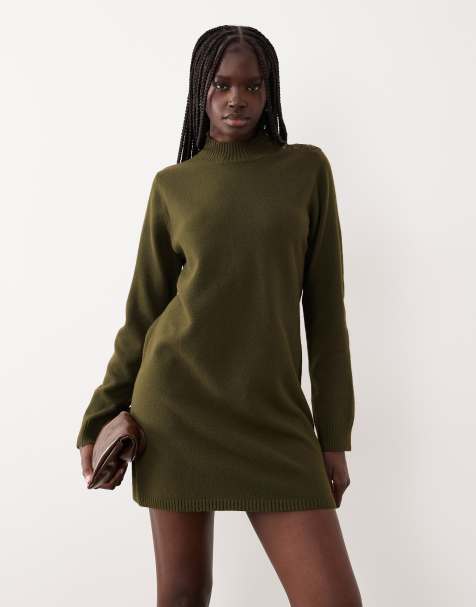 Mango button detail long sleeve knitted mini dress in khaki