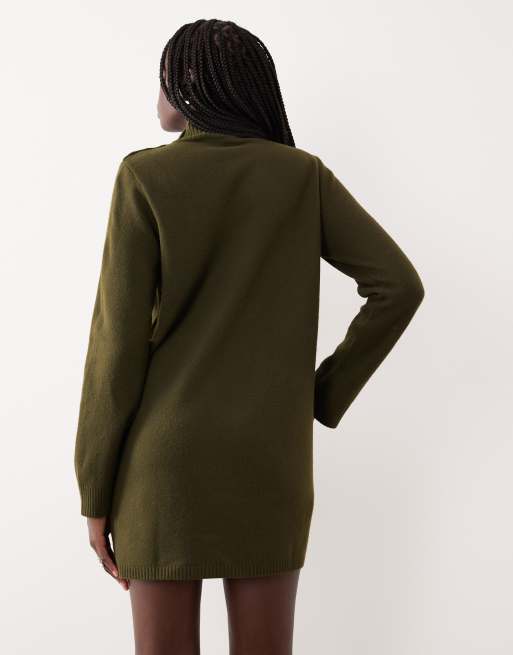 Mango button detail long sleeve knitted mini dress in khaki, 4 of 4