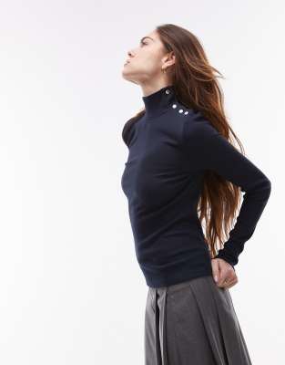 Mango Button Detail Neck Long Sleeve Top In Navy