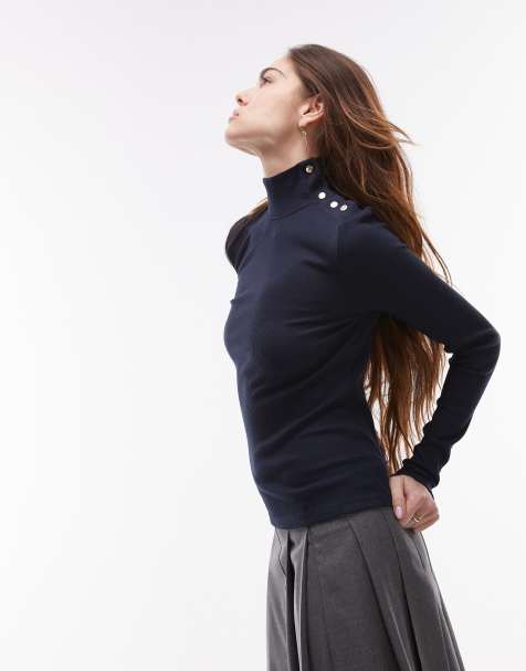 Mango button detail neck long sleeve top in navy - view 1