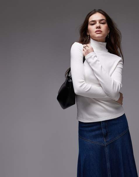 Mango button detail neck long sleeve top in white - view 1