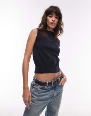 Mango Button Detail Tank Sleeveless Sweater In Navy