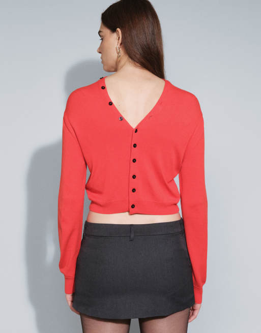 Mango button detailing v-neck cardigan in red, 3 of 7
