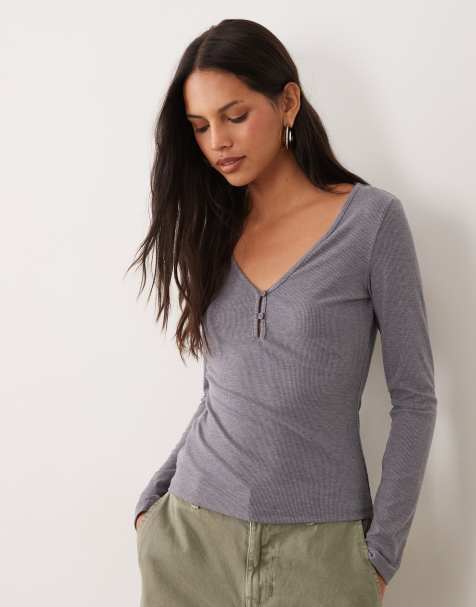 Mango button detailing v-neck long sleeve top in gray - view 1