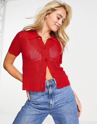 Mango button down crochet top in red
