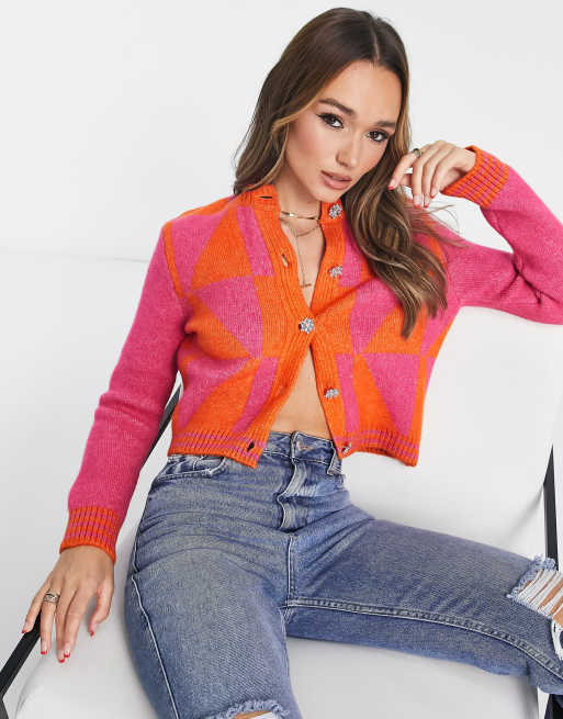 Mango button down cropped cardigan in pink print ASOS