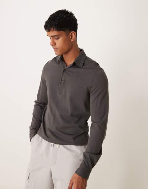 Mango button down long sleeve polo in grey - view 1