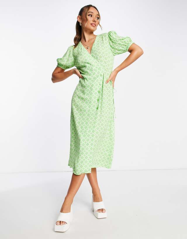 Mango - button down midi dress in green geo print