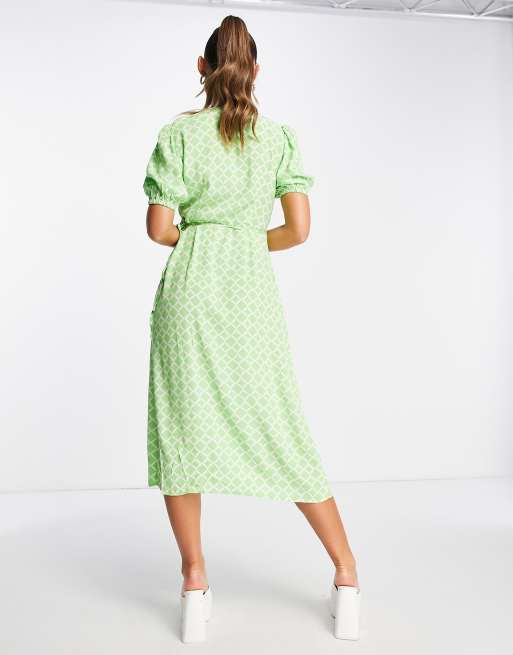 Mango button down midi dress in green geo print