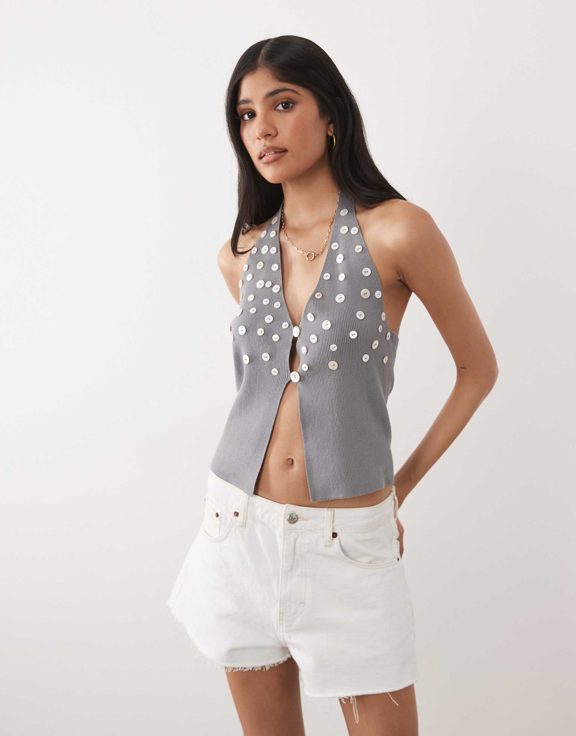 mango button embellished halter neck knit tank top in gray - part of a set