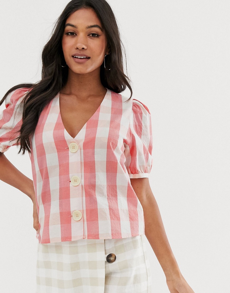 Mango button front blouse in gingham print-Pink