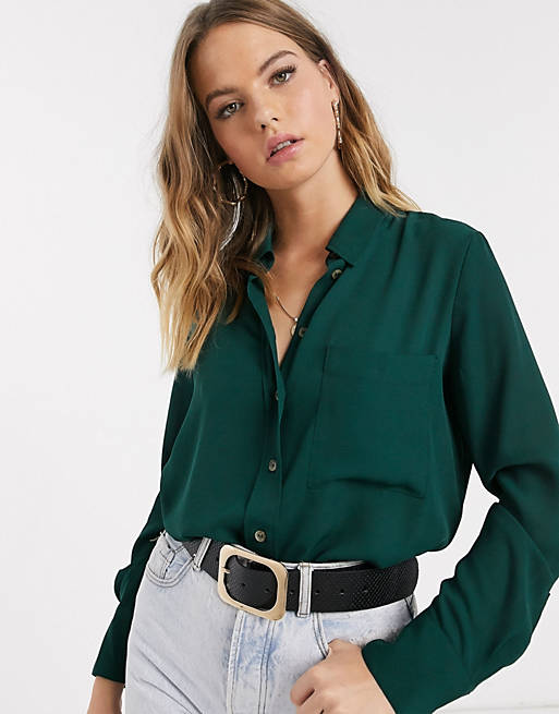 Mango button front blouse in green | ASOS