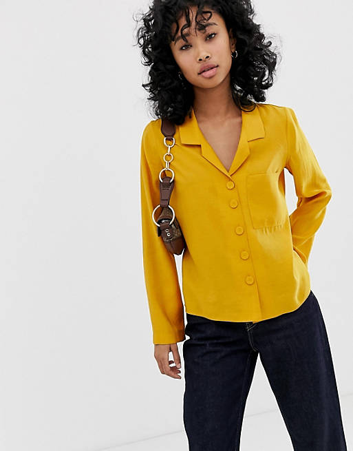 Mango button front blouse in yellow | ASOS