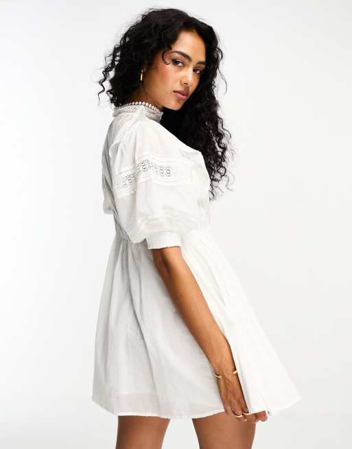 Mango button front broderie mini dress in white