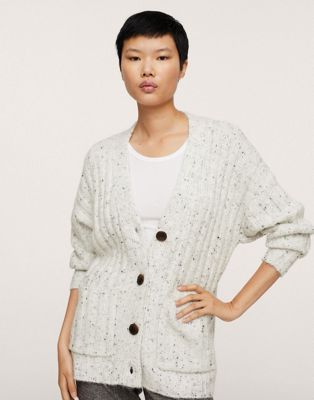 Mango button front cable knit cardigan in grey marl