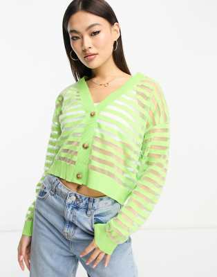 Mango button front cardigan in lime green stripe