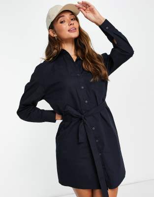 mango button front dress with collar and belt in navy