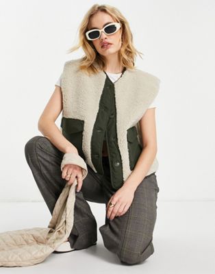 Mango button front gilet in teddy and khaki mix