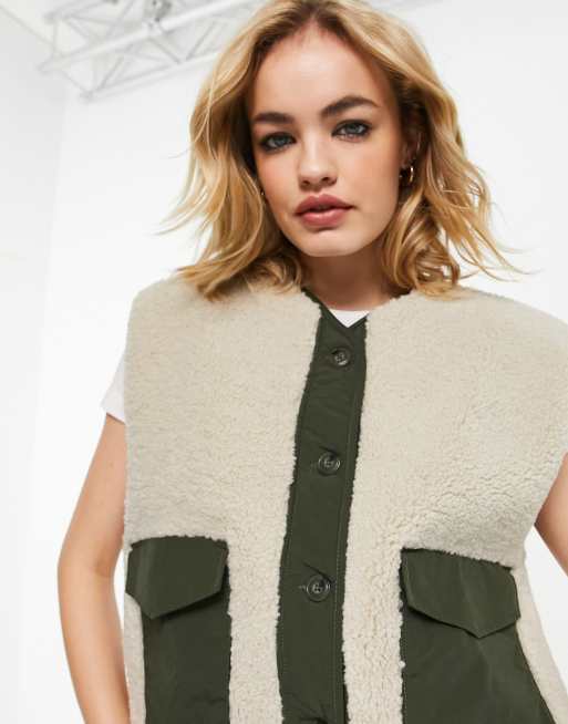 Mango button front gilet in teddy and khaki mix