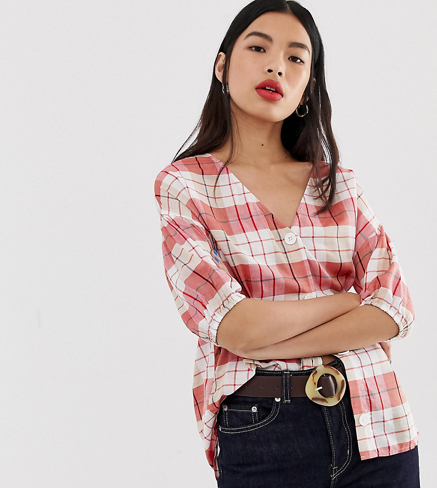 Mango button front gingham blouse in multi-Red