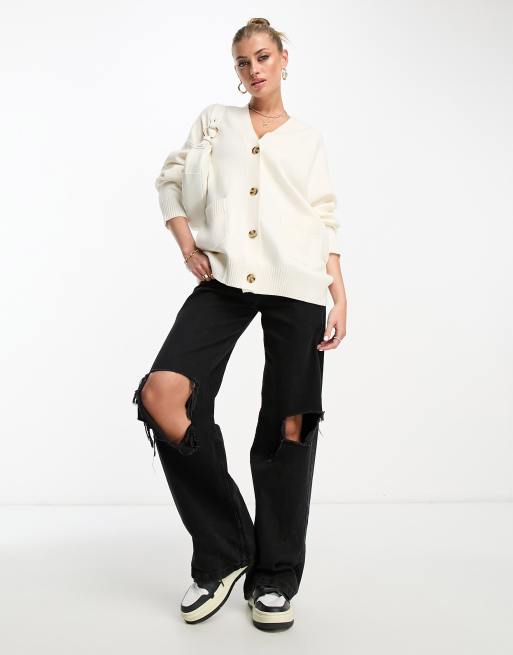 Mango button front longline cardigan with pockets in cream | ASOS