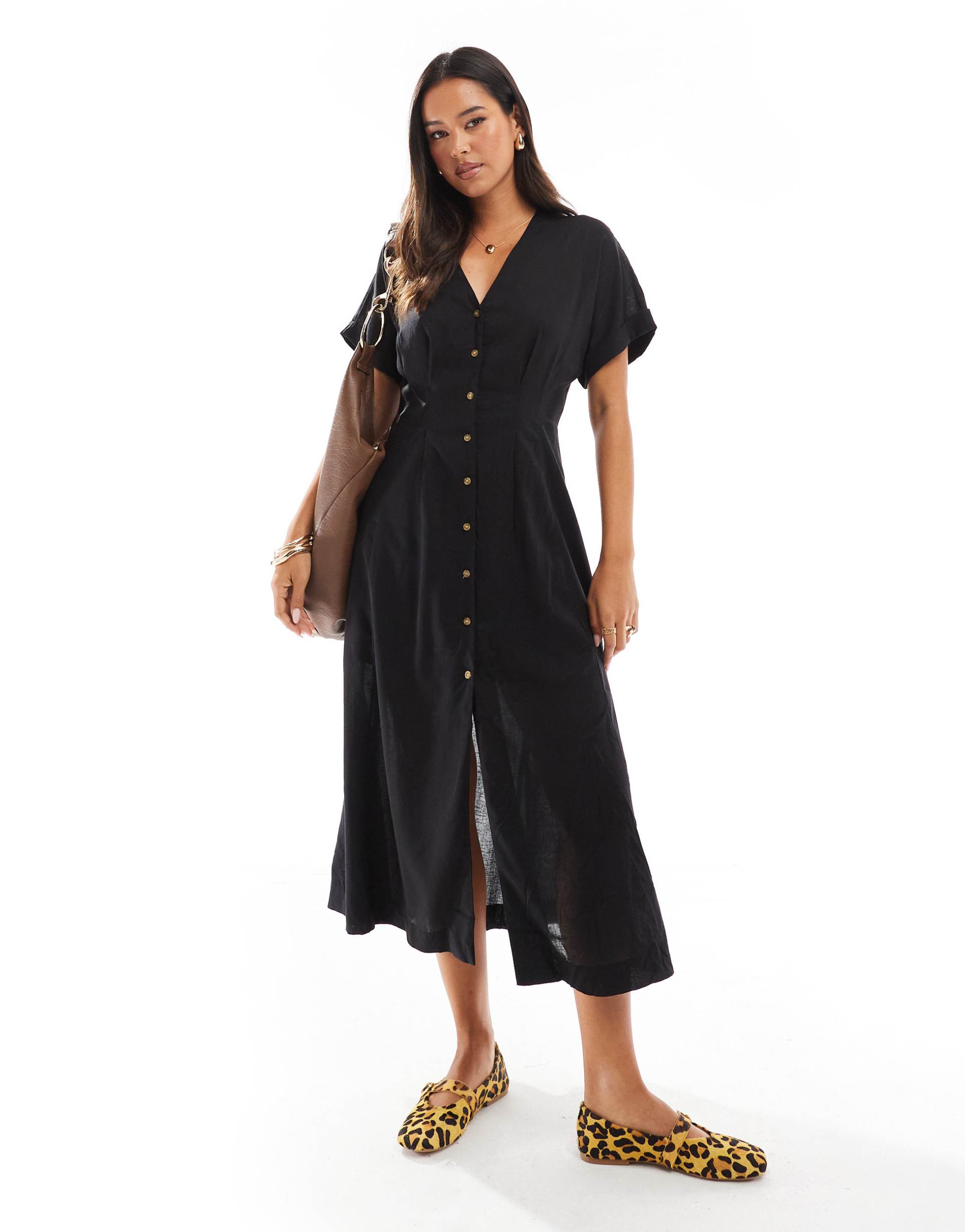 mango button front midi dress in black