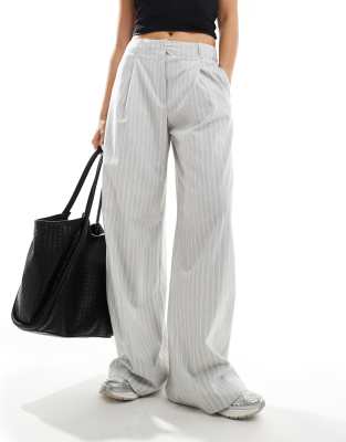 button front pinstripe tailored pants in light blue