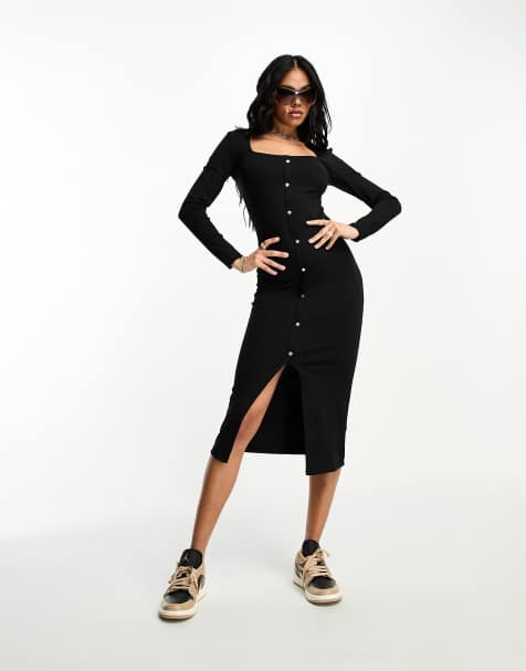 Mango button front ribbed midi dress in black - view 1