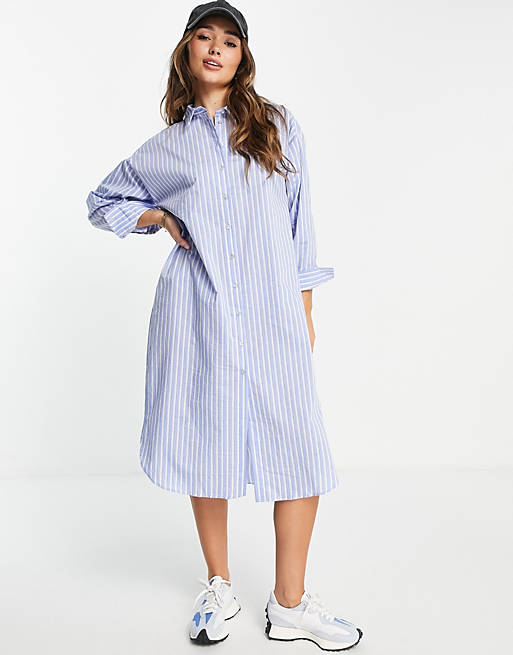 Mango button front shirt midi dress in blue stripe