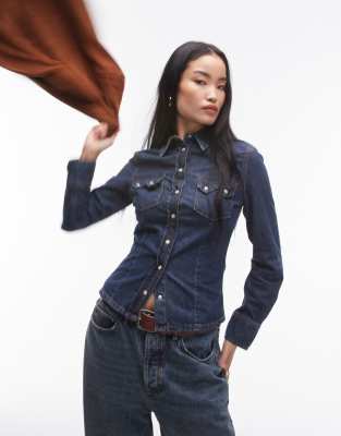 button pocket denim western shirt in dark blue