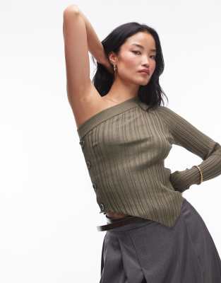 Mango Button Side One Shoulder Jumper In Khaki-Green