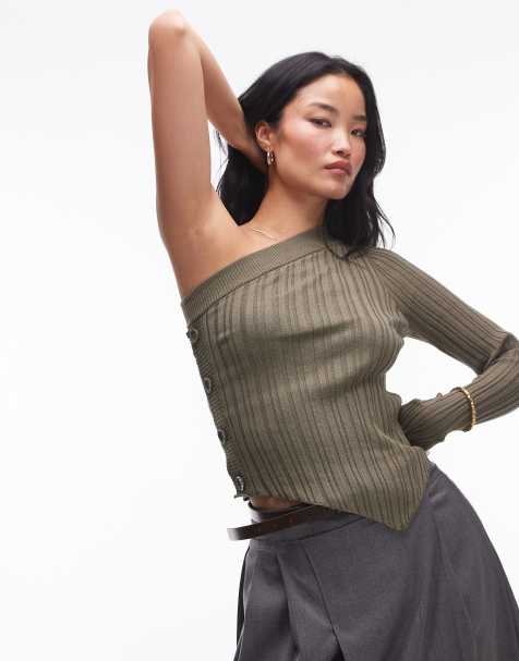 Mango button side one shoulder jumper in khaki - view 1
