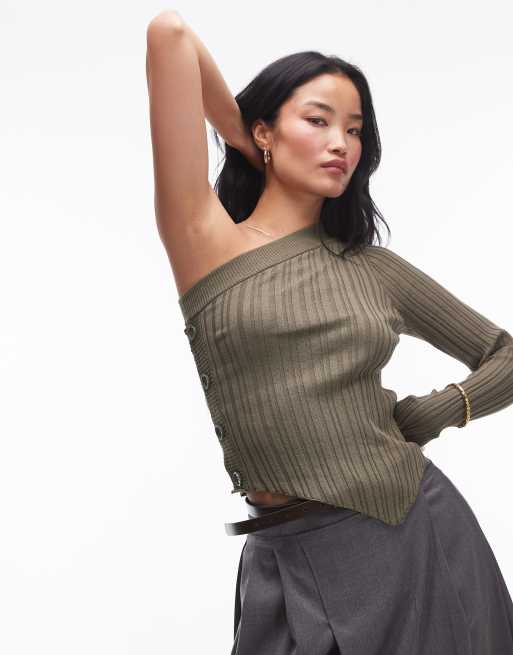 Mango button side one shoulder sweater in khaki
