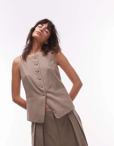 Mango button through cami waistcoat co-ord in brown - view 1