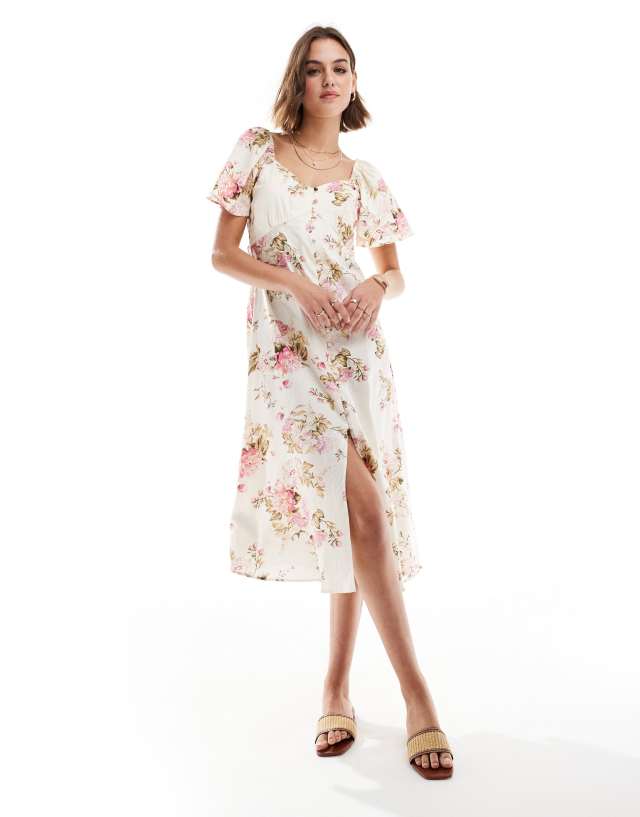 Mango - button through floral midi dress in white