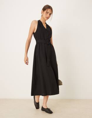 Mango Button Through Halterneck Midi Dress In Black