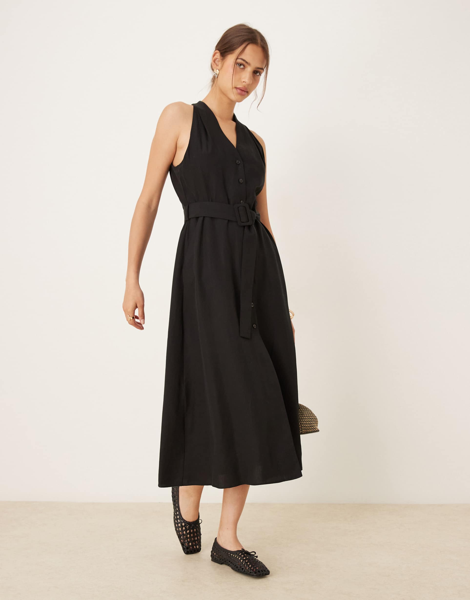 mango button through halterneck midi dress in black