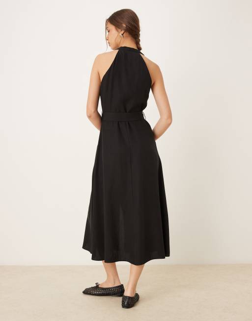Mango button through halterneck midi dress in black