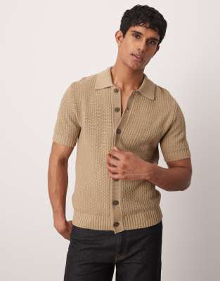 Mango Mango button through knitted shirt in beige-Neutral