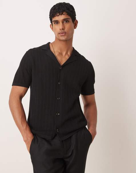 Mango button through revere collar crochet shirt in black - view 1
