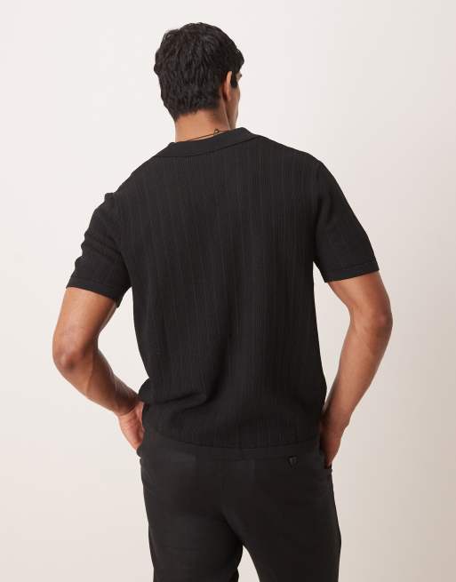 Mango button through revere collar crochet shirt in black, 3 of 4