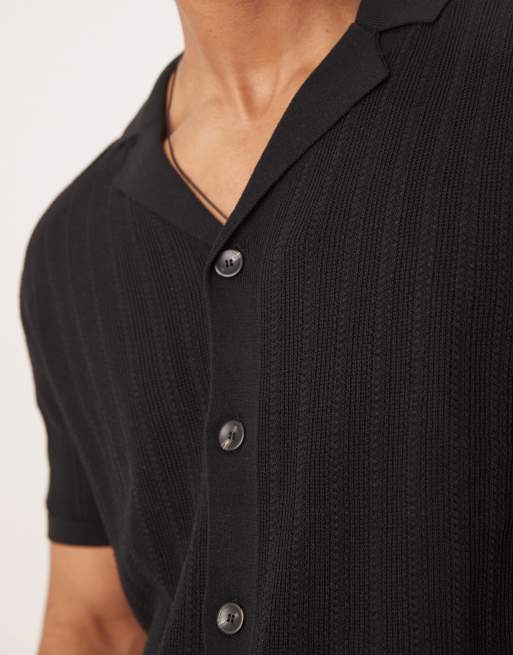 Mango button through revere collar crochet shirt in black, 4 of 4