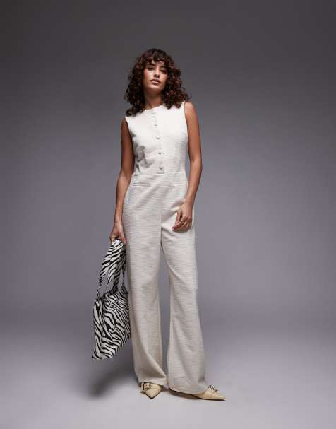Mango button through round neck jumpsuit in light beige - view 1