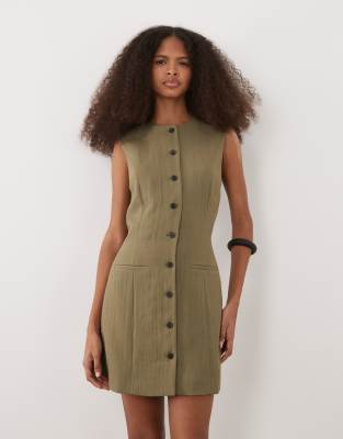 Mango Button Through Sleeveless Mini Dress In Green