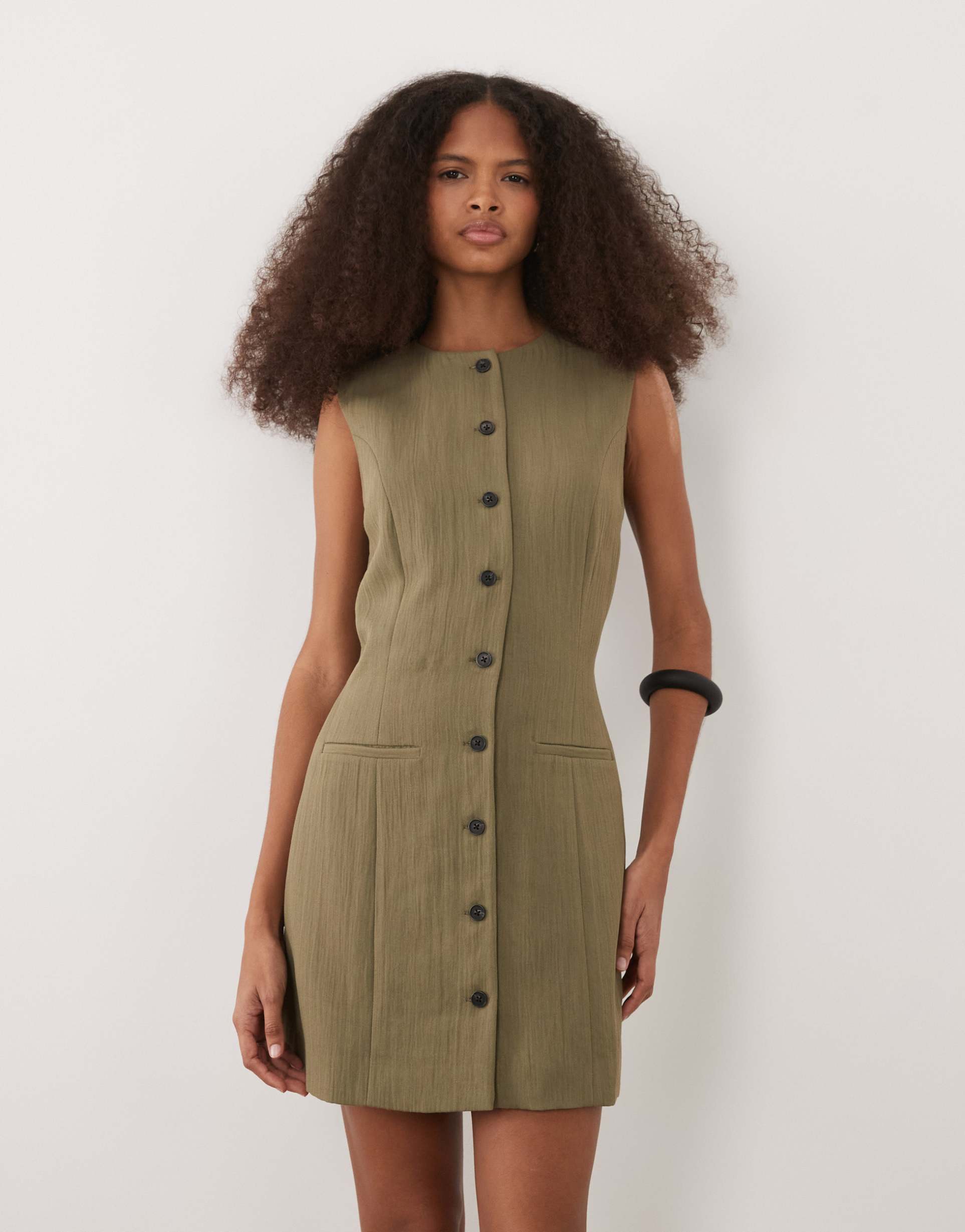 mango button through sleeveless mini dress in green